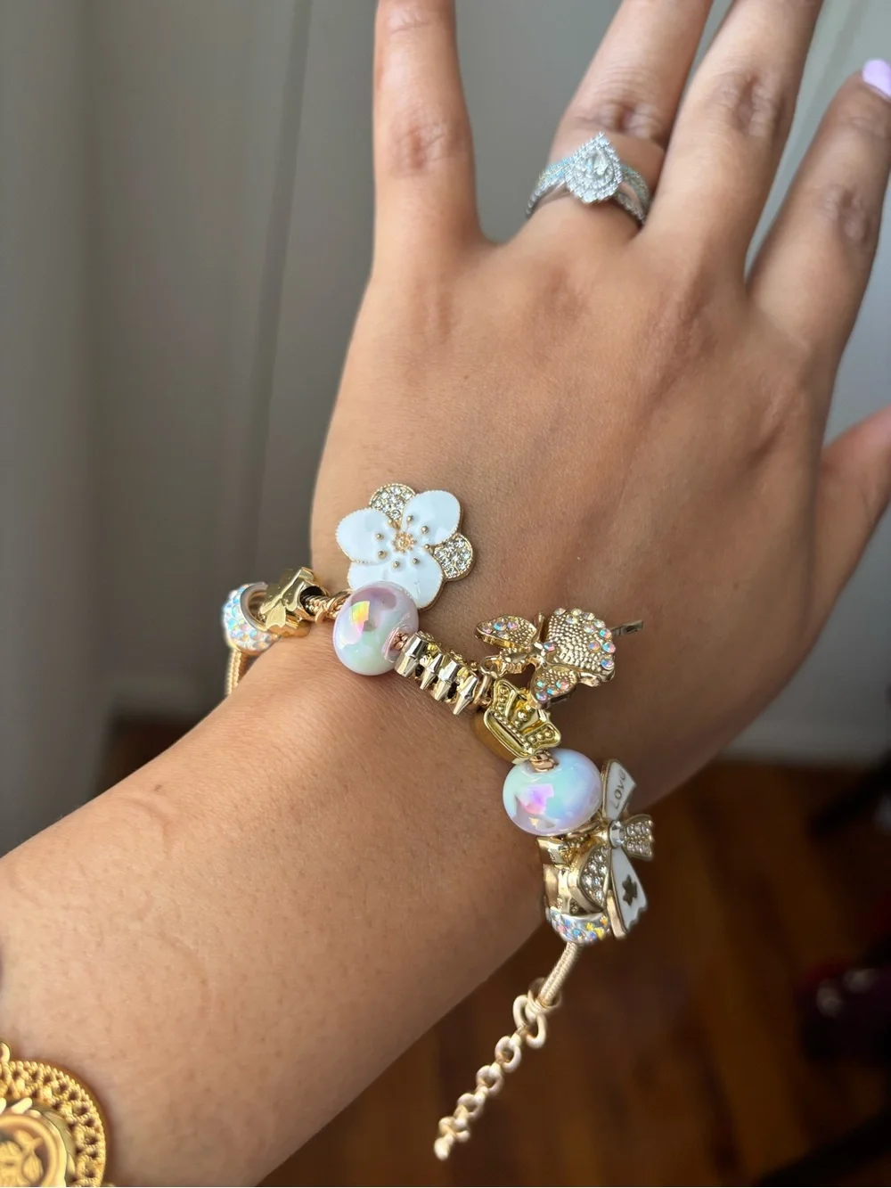 Gold Charm Bracelet with Iridescent Beads and Fairy Charms 🌸